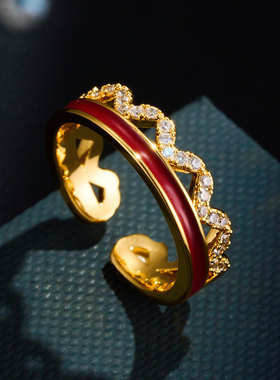 轻奢感珐琅滴油皇冠开口戒指铜合金真金电镀镶锆石可调节指环