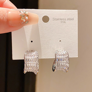 银针轻奢风锆石C形耳钉个性 冷淡风耳环简约百搭设计感耳饰女 时尚