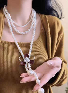 法式多层滴油红色花朵珍珠项链女轻奢感小众时尚气质毛衣链潮
