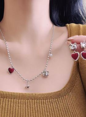 甜美红色植绒爱心小熊项链女小众设计可爱百搭银针耳环锁骨链