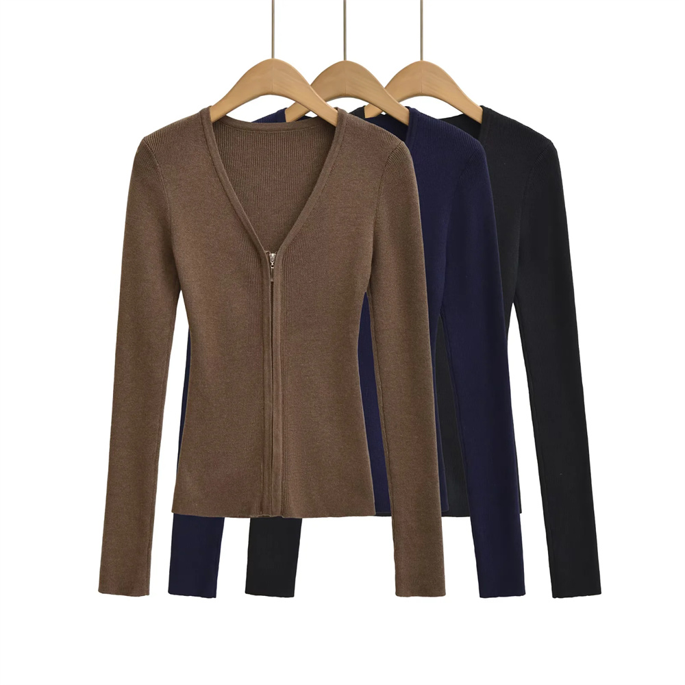 辣妹v领拉链开衫针织衫女2025新款秋季修身性感打底毛衣短款上衣