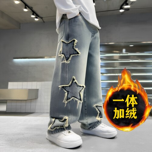 悠卡漫男童加绒加厚弯刀牛仔裤