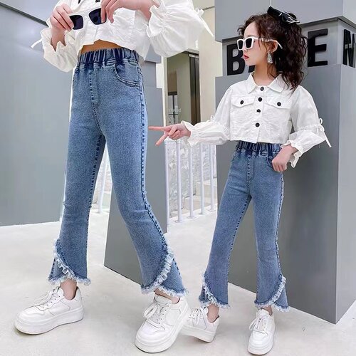 2025新款女童微刺喇叭牛仔裤