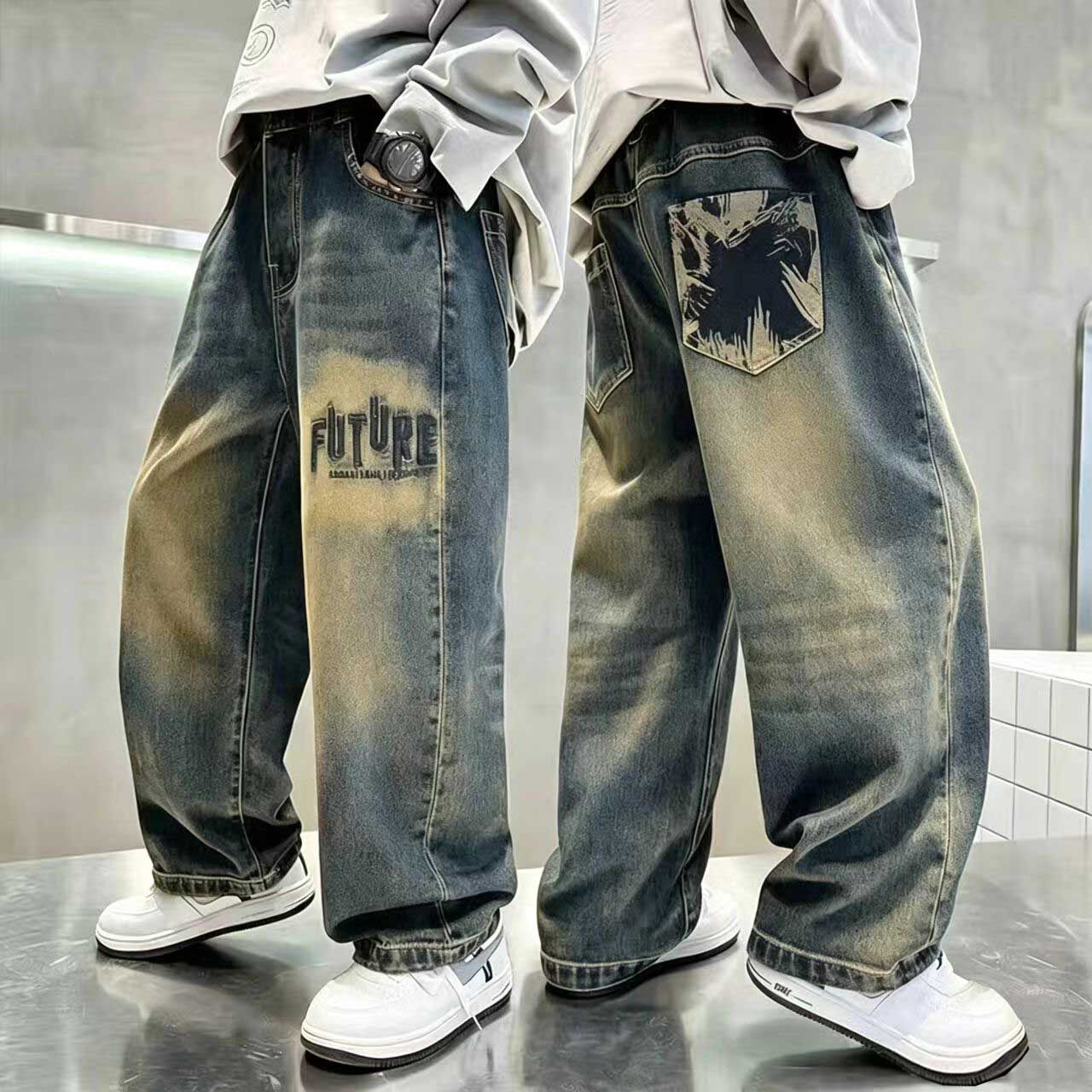 新品男童牛仔裤印花复古男孩牛仔裤直筒宽松版中大童遮肉休闲百搭