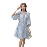 法式晕染碎花雪纺连衣裙女2025夏季新款韩版收腰显瘦绝美森系短裙，女装连衣裙，浙宝007（原150)