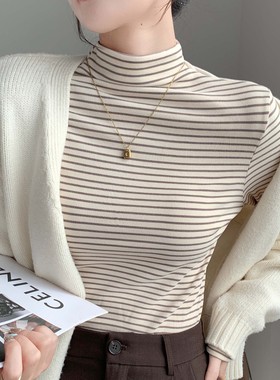 H246半高领条纹打底衫女装新款休闲韩版上衣细条纹长袖T恤女内搭
