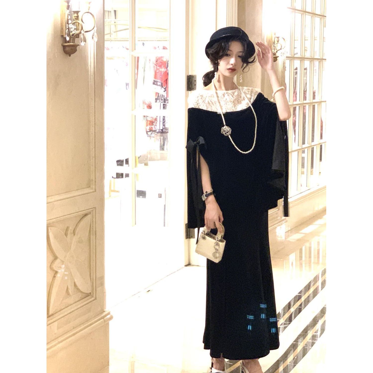 午夜山茶 仙气丝绒斗篷上衣+鱼尾半身裙套装设计感蕾丝拼接两件套