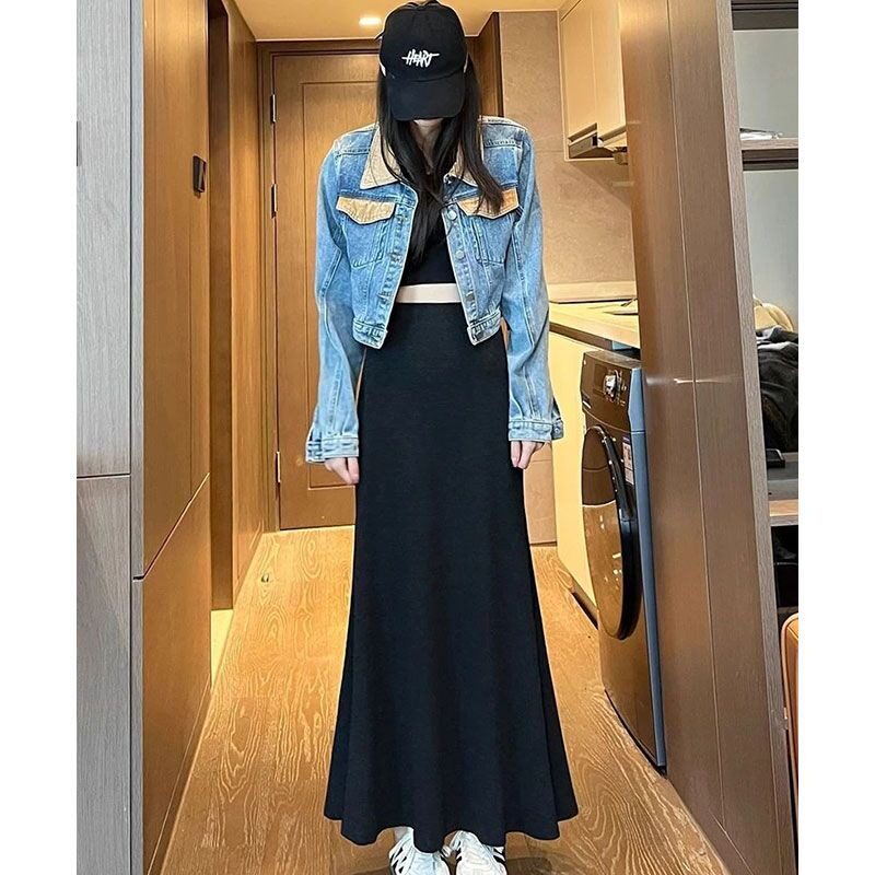 黑色鱼尾裙女春秋季百搭