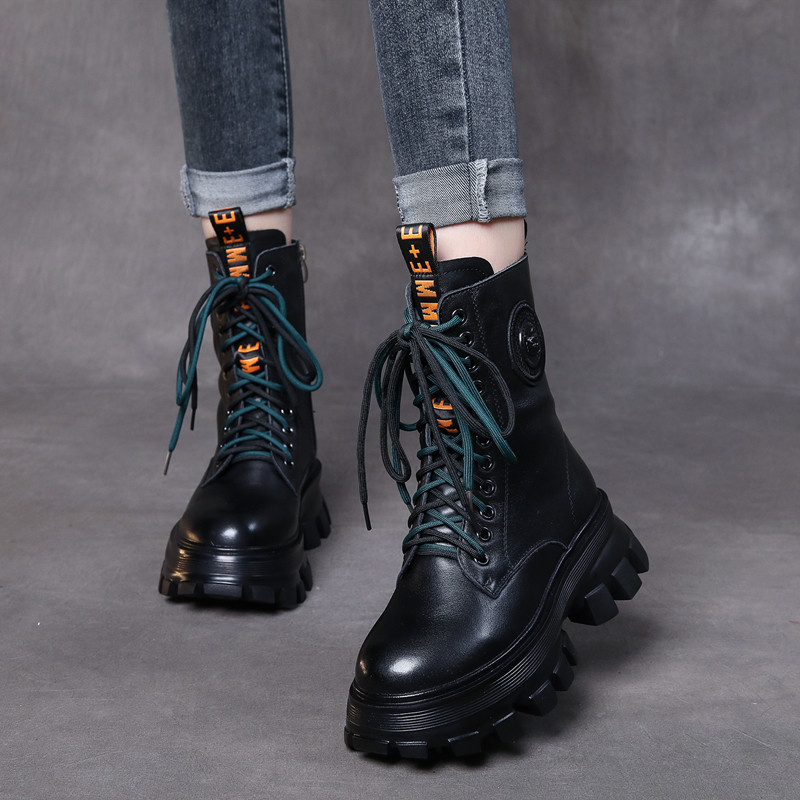 真皮中筒靴女高跟厚底炸街帅气机车靴复古短靴秋冬百搭棉鞋单皮靴,女鞋,马丁靴,淘宝优惠券,粉丝福利购,淘宝优惠卷