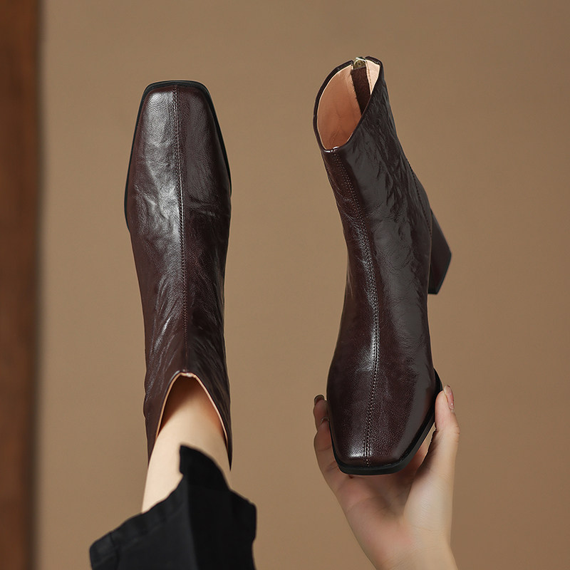 羊皮小短靴女秋冬季法式粗跟高跟鞋真皮软皮洋气瘦瘦靴大码41到43,女鞋,时装靴,淘宝优惠券,粉丝福利购,淘宝优惠卷