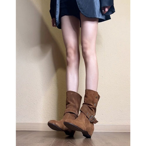 真皮内增高西部牛仔短靴女春秋