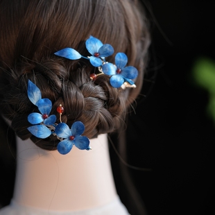 手工绒花清汉女蓝色发夹头饰新中式丸子头旗袍发饰夹子秀禾侧边夹