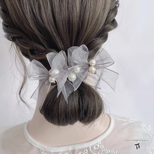 头饰仙气发饰 新款 气质百搭灰色欧根纱夹子顶夹 夏季 蝴蝶结发夹