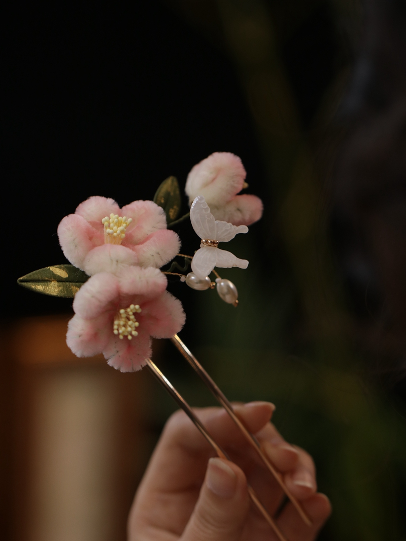 仿绒花国风洛丽塔原创设计发簪