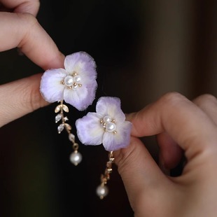 非遗绒花耳环少女感紫色花朵森系仙女气质耳饰国风汉服配饰耳钉