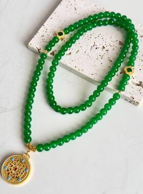 新中式复古沙金五福园满祖母绿串珠项链百搭长款毛衣链小红书同款