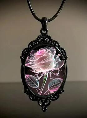 欧美新品爆款粉色妖娆透明花瓣玫瑰花图案玻璃吊坠项链 厂家直销