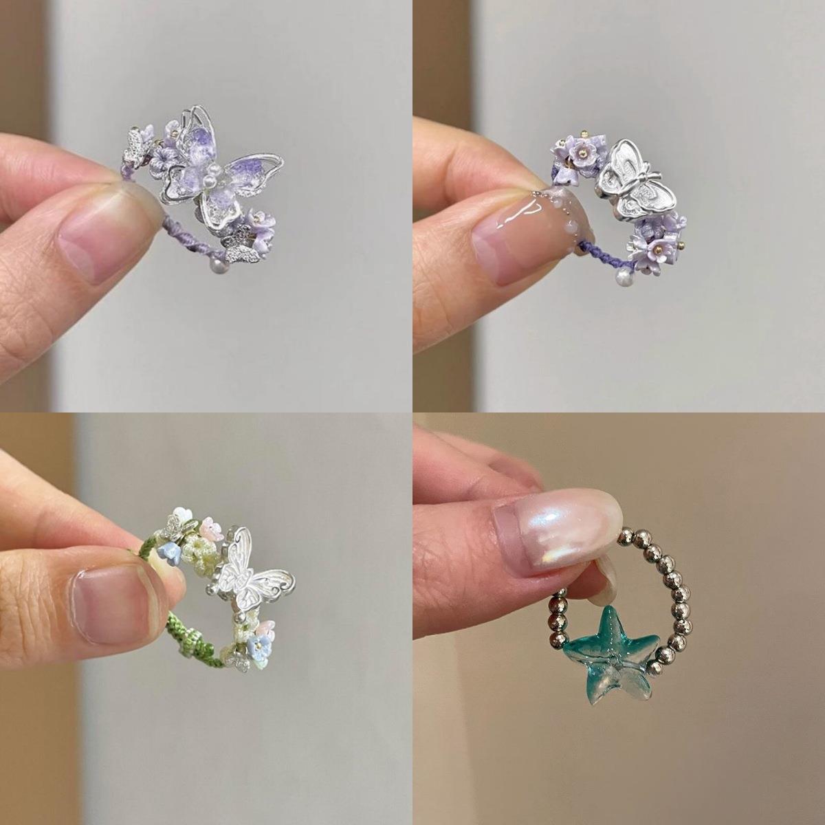 「炉生紫烟」新中式紫色渐变水晶蝴蝶编绳戒指轻奢珍珠小花指环女