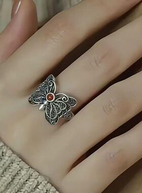 新品复古镂空南红蝴蝶戒指花丝镂空做旧新中式女掐丝小众可调节