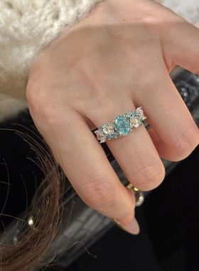 超闪蓝色锆石绣球花戒指女