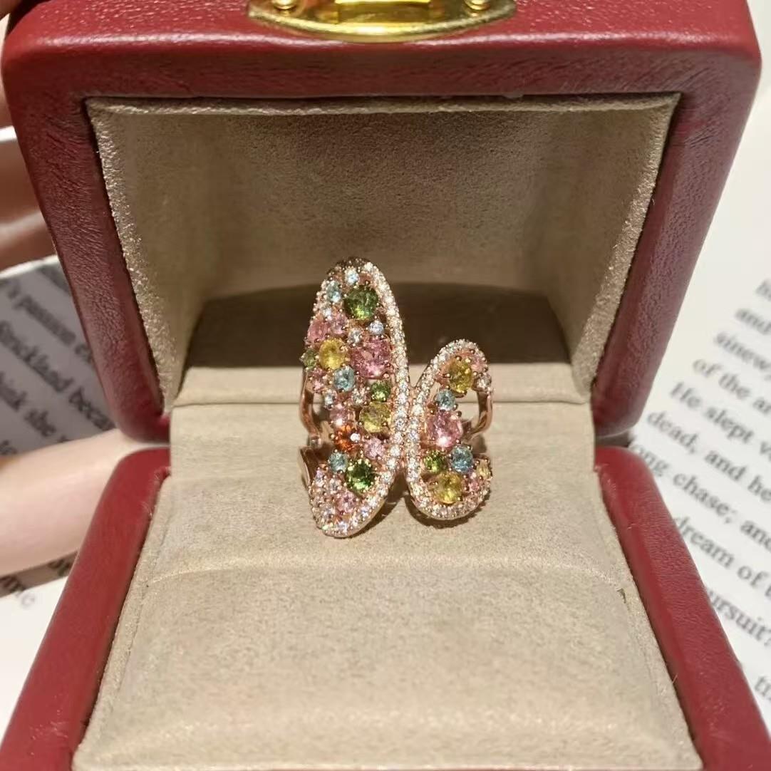 复古宫廷风中古vintage彩钻蝴蝶开口戒指女重工千金感气质指环戒