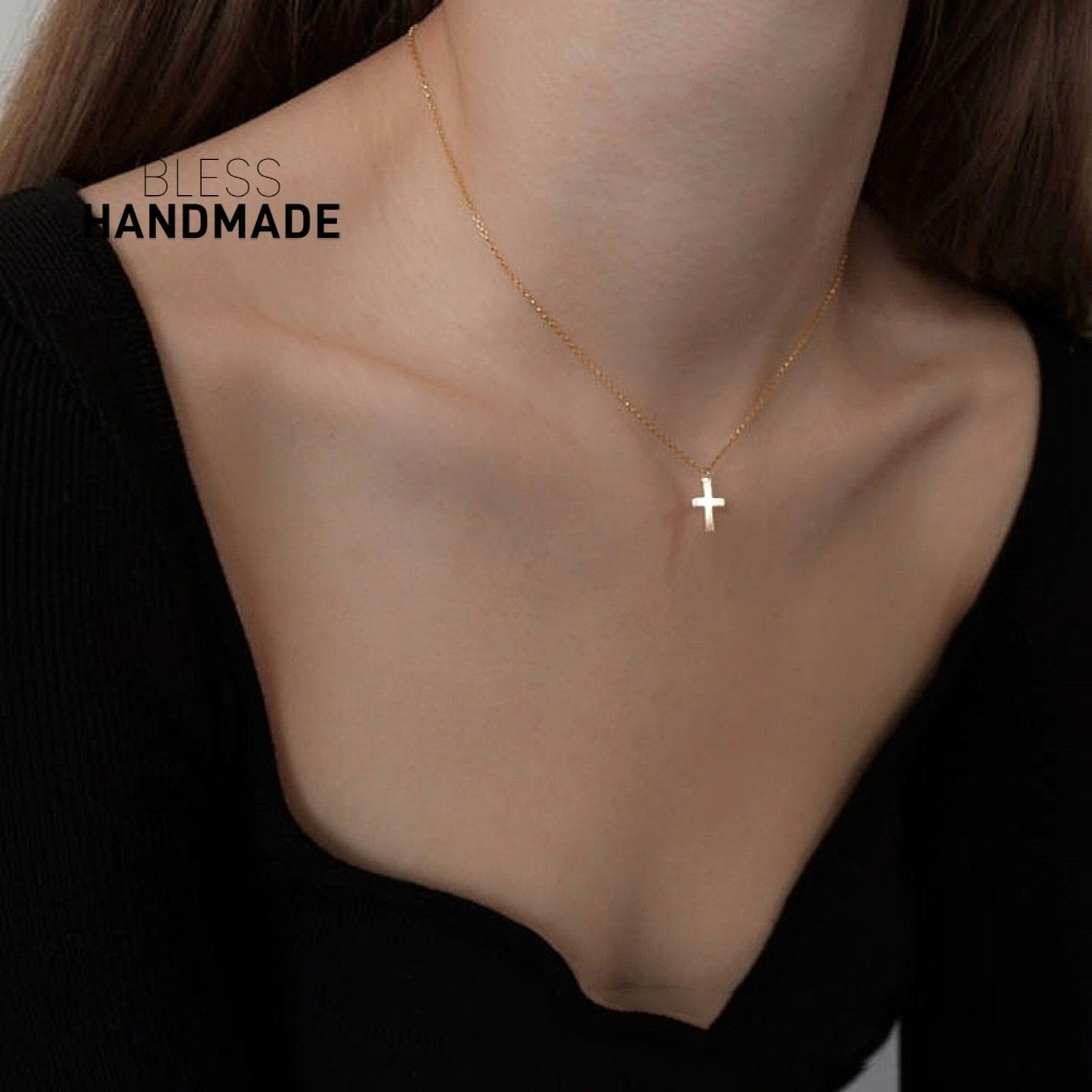 BLESS原创不掉色美国14K包金迷你十字架项链锁骨链女欧美纯银项链