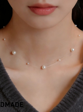 超亮满天星正圆澳白大小珍珠隐形悬浮纯银锁骨链项链女优雅不掉色