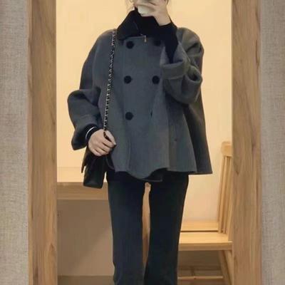 复古灰色短款呢子大衣女秋冬