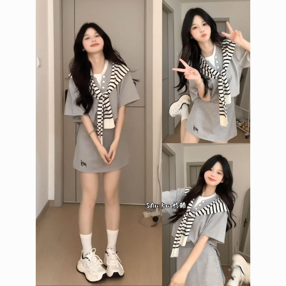 韩系学院风夏季短裙套装女灰色简约风小个子短袖卫衣半身裙三件套
