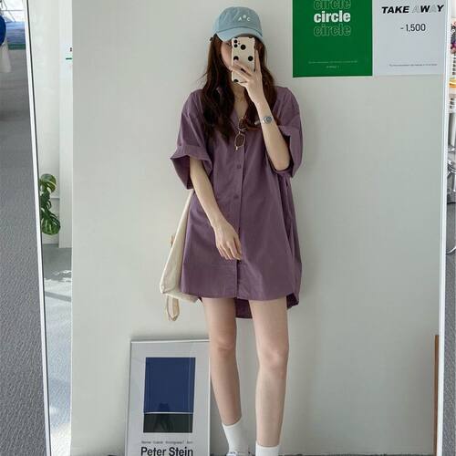 胖mm300斤大码紫色短袖衬衣女夏