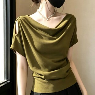 大码温柔风荡领短袖T恤女装2026年夏季高级感露肩潮流服饰