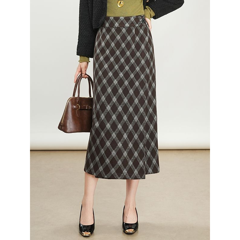 直筒格子半身裙开叉包臀