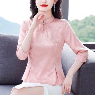 国风新中式盘扣提花上衣女装秋季新款七分袖收腰衬衫妈妈旗袍小衫