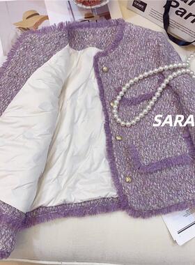 香芋紫色羽绒内胆小香风羊毛呢外套女冬加厚保暖粗花呢编织羽绒服