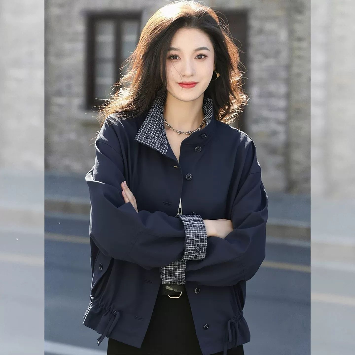 时尚通勤风立领短外套女2026春秋小个子超好看藏青色宽松长袖夹克