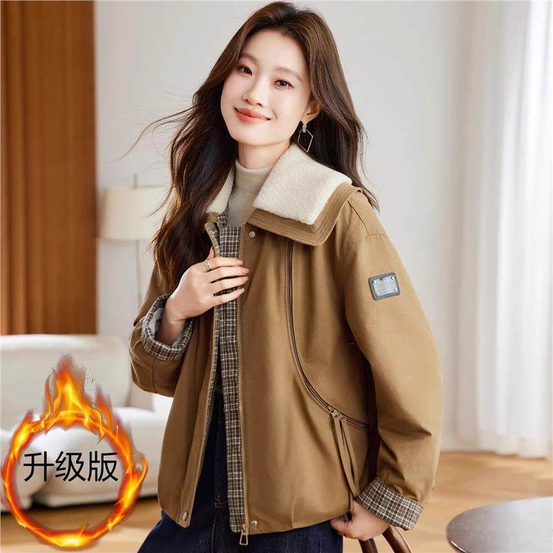 派克服女款加绒加厚羊羔毛翻领