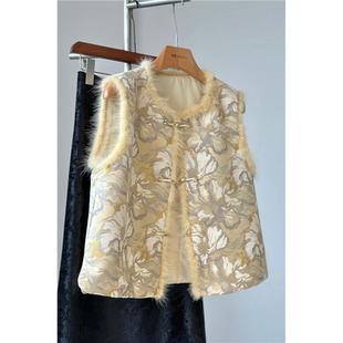 高端独特气质黄色马夹新中式 水貂毛盘扣马甲秋冬夹棉国风加厚背心