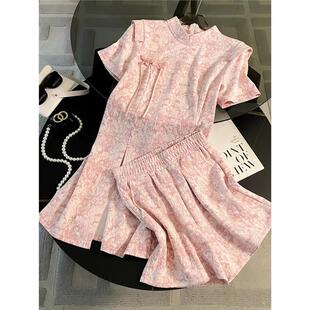 国风时尚 套装 女夏季 大码 上衣短裤 新中式 改良旗袍中长款 两件套 女装