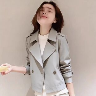 2026新款今年流行爆款短款上衣春季休闲小个子风衣灰色国风外套女