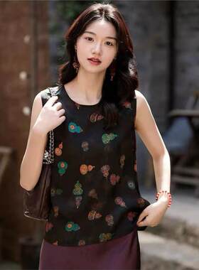新中式香云纱无袖上衣女印花真丝