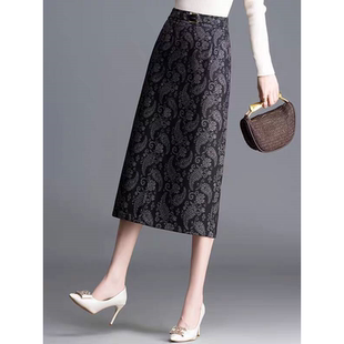 复古印花包臀半身裙女2025秋冬新款 高腰显瘦通勤一步裙中长直筒裙