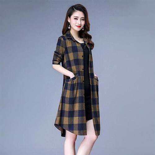 纯棉外套妈妈装中长款格子衬衫