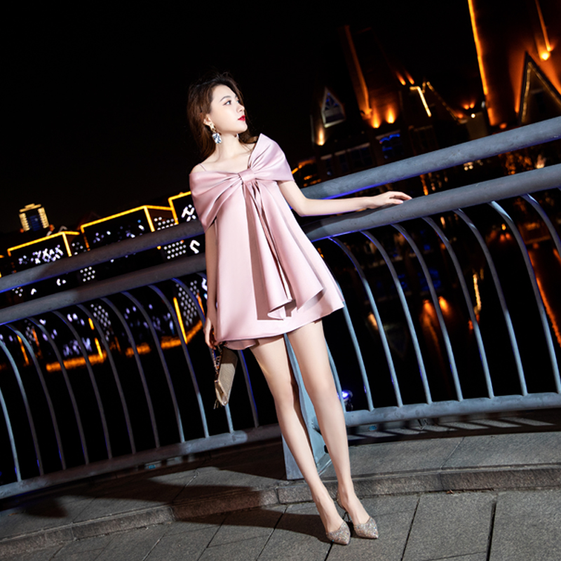 平时可穿新款蝴蝶结一字肩小礼服