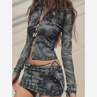 Cardigan mini top 开衫 skirt 长袖 suit时尚 短款 半裙套装 上衣修身