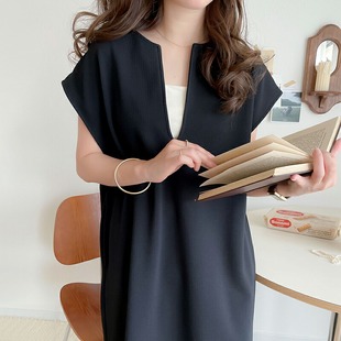 2024韩国外单简约韩版套头夏季纯色裙子中长款连衣裙淑女热门款