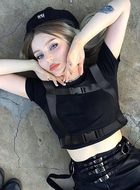 21 school bag buckled navel short-sleeved shirt women上衣女