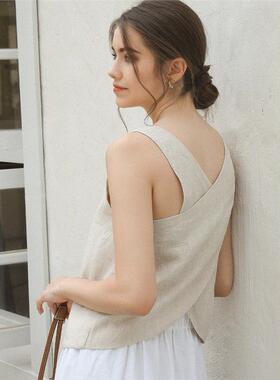 Women Linen Short Sleeveles Tank Top Summer Casual Crop Tops