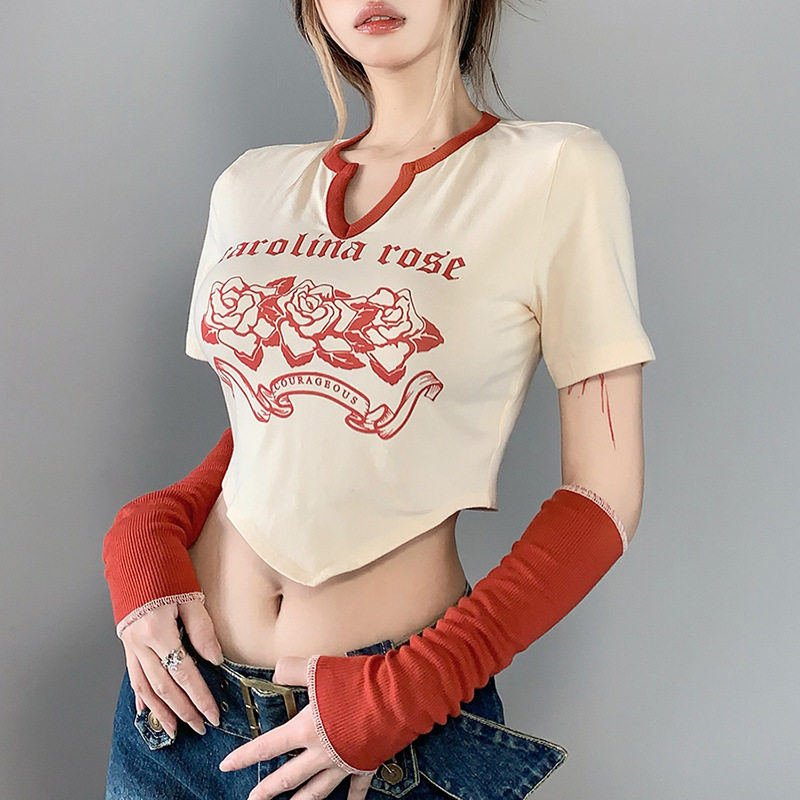 时尚辣妹玫瑰印花短袖T恤女夏带袖套修身短上衣 T-shirt summer