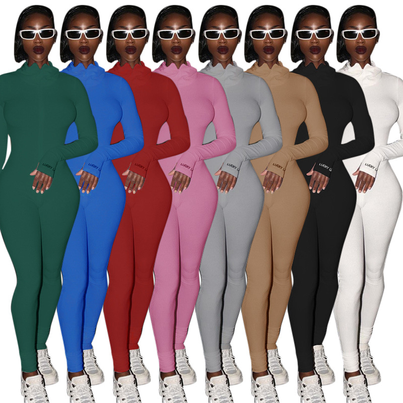 2022High collar slim Jumpsuit时尚女装高领刺绣修身健身连体裤