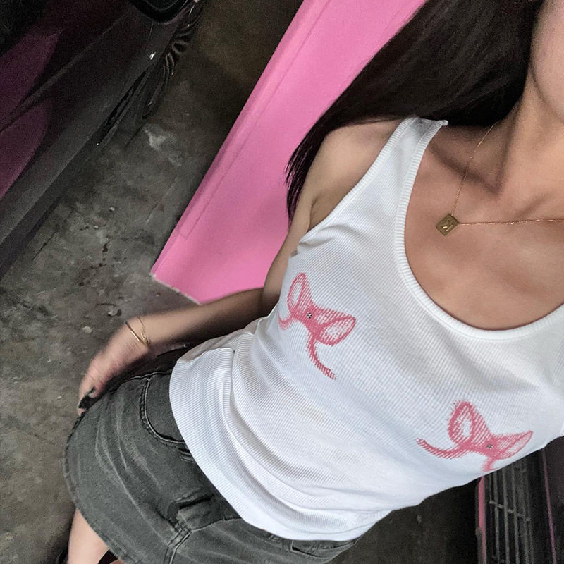 欧美时尚烫钻蝴蝶结印花背心秋季新款修身露脐上衣Sexy tank top